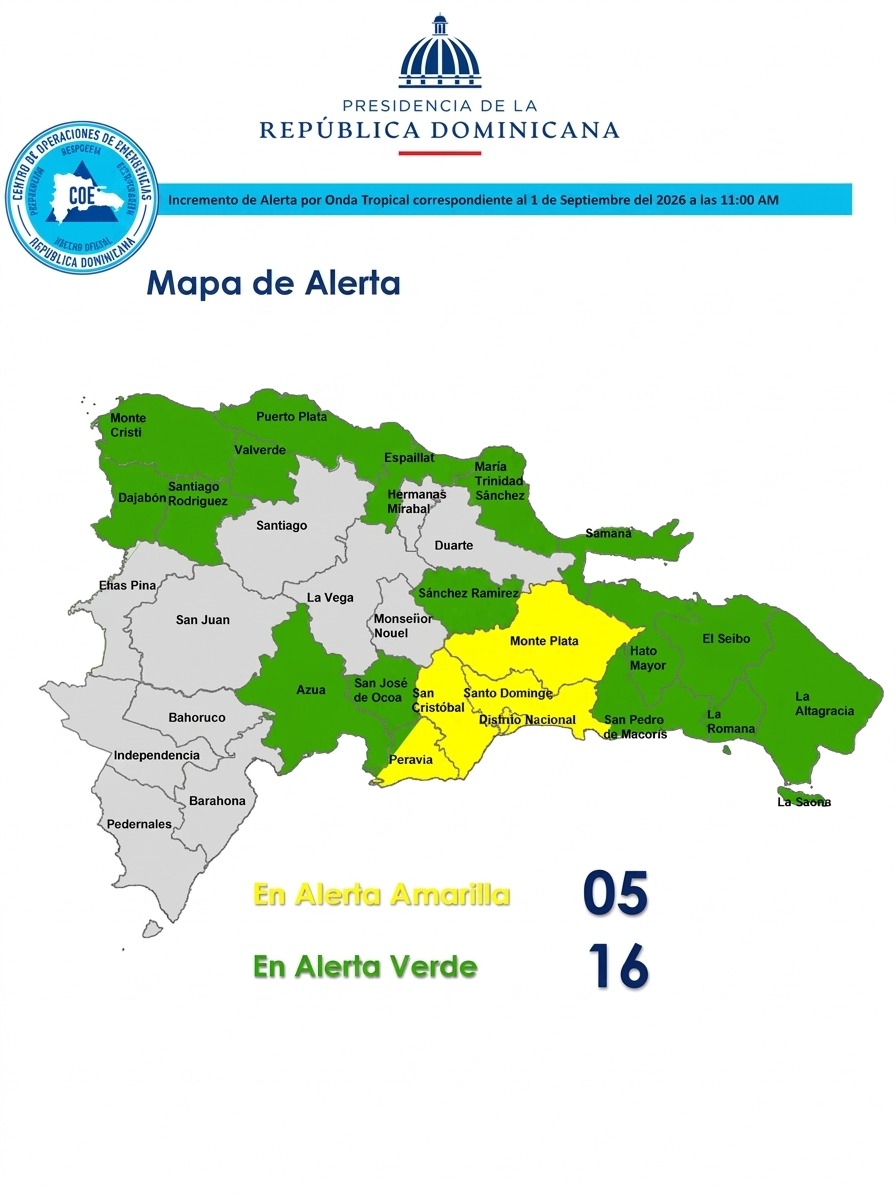 COE eleva niveles de alerta en 21 provincias por incidencia de onda tropical y vaguada